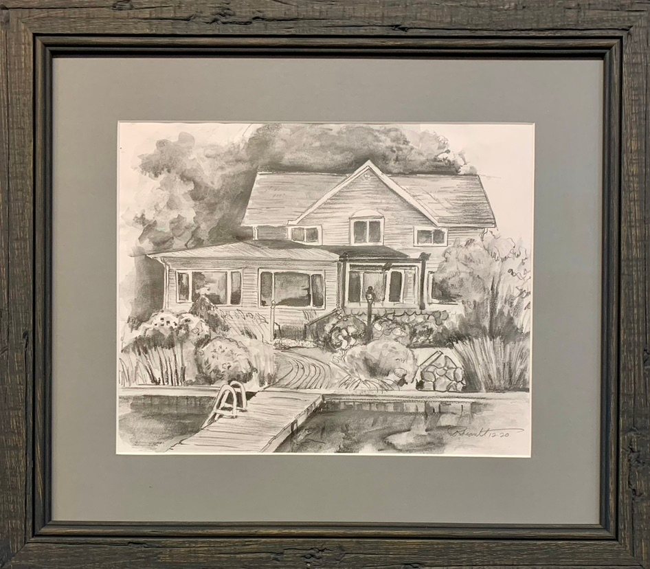 Lake House, a commissioned drawing of a lake house, framed at Frame Works