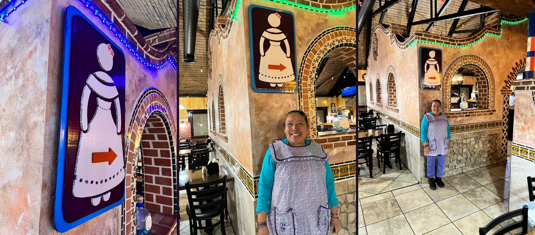 Three views of the hand-cut women’s restroom sign with an arrow at Los Amigos, including a staff member standing beneath it