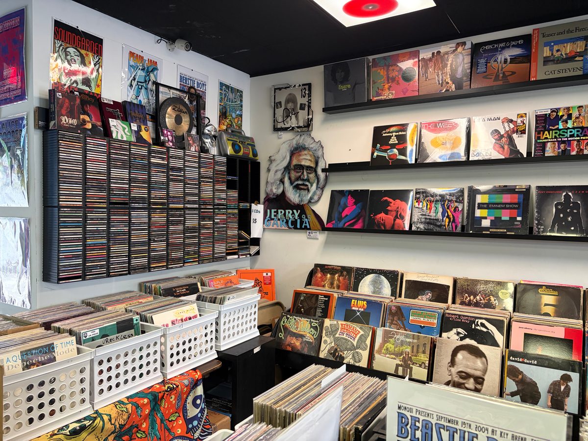 Corner of Vinyl People Records with the Jerry Garcia piece, a CD wall and album pieces above the bins