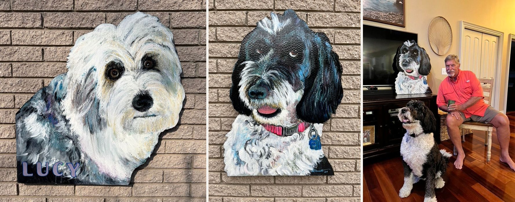 Hand-cut and hand-painted portrait of Lucy, a fluffy white and gray dog with dark brown eyes, lettered Lucy, on a brick wall, plus a second Lucy portrait on a brick wall and in the living room with the owner and the real Lucy